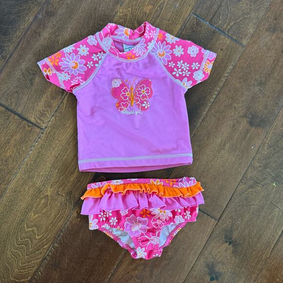 Oshkosh Bgosh Girls 12 Month Swimsuit Two Piece Rashguard Ruffle Bottom Pink - Picture 1 of 9